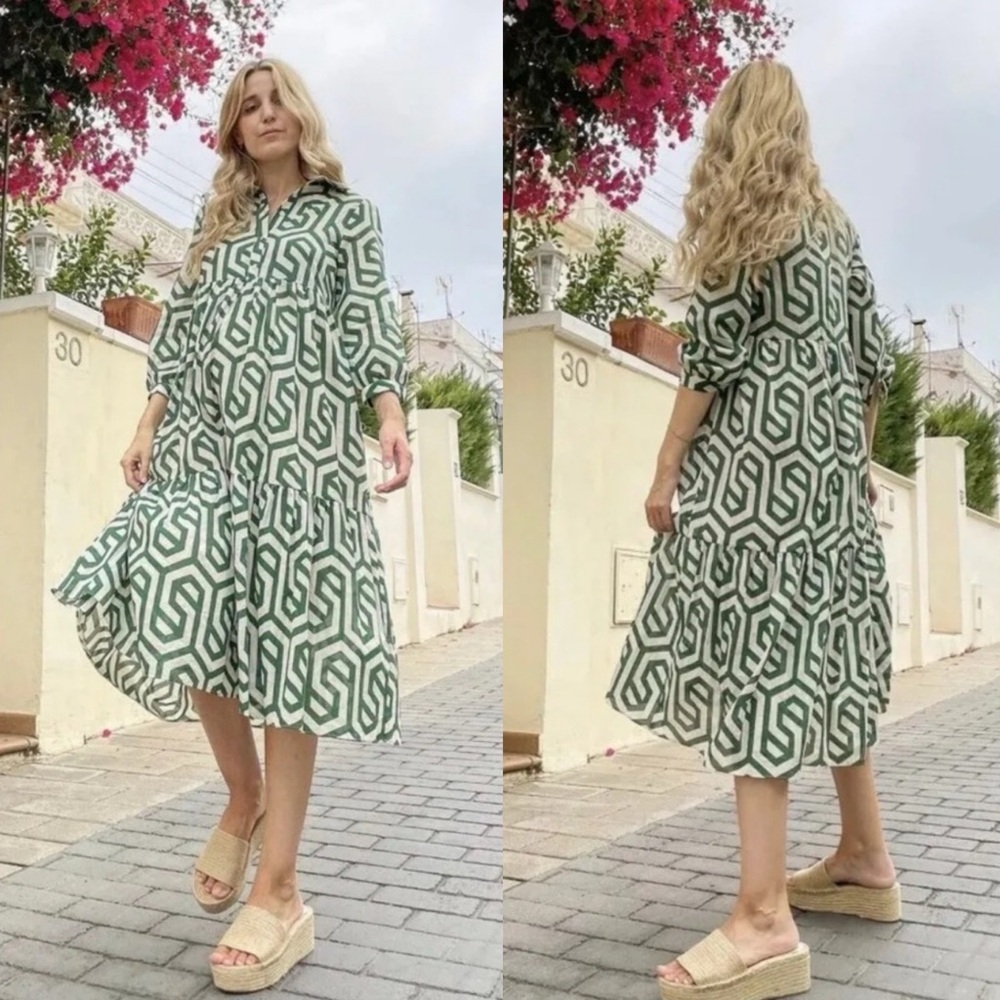 NWT Cassee's Kelly Green/White Tiered Rayon Maxi Shirt Dress
